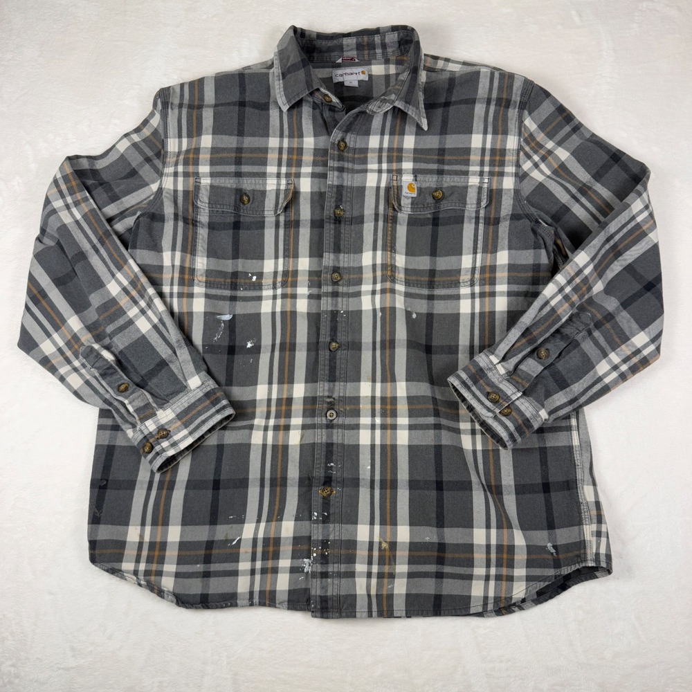 Carhartt Flannel Plaid Button Up Long Sleeve Mens XL Original Fit Paint Splatter - Picture 1 of 9